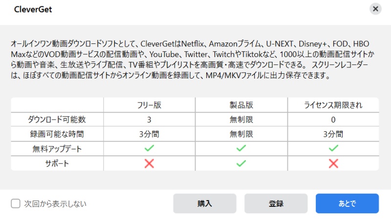CleverGet無料版の起動時に表示される制限案内ポップアップ